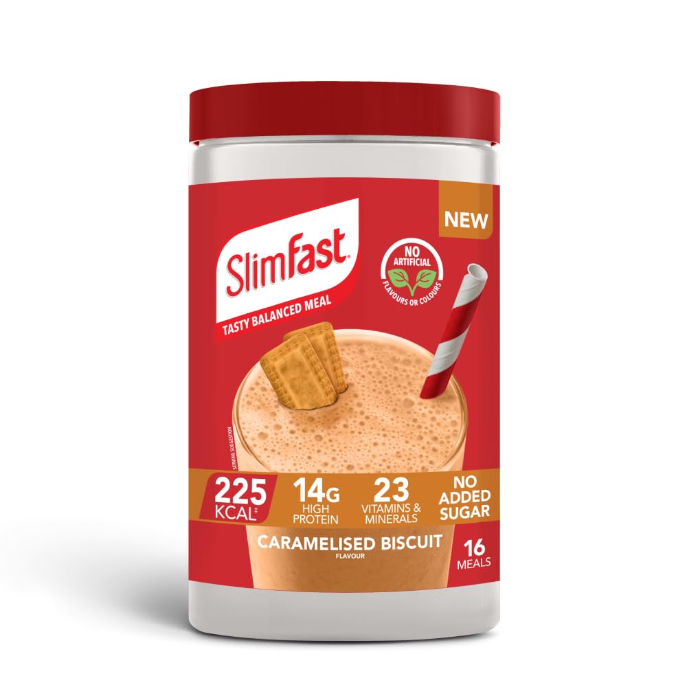 SlimFast • Meal Replacement Powder • Caramelised Biscuit Flavour • Weight Loss Formula • 225 Cals • 14g Protein • 23 Vitamins + Minerals • No Added Sugar • Gut Friendly • 4g of Fibre • 584g (16 meals)
