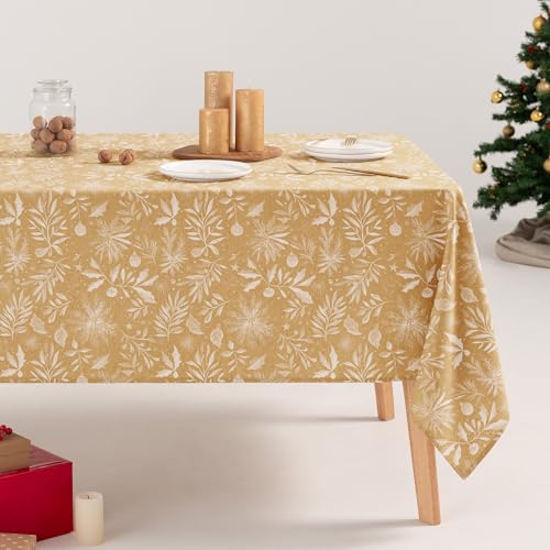GAMUSI Mantel Navidad Lino Estampado Rectangular Tela algodón 140x100 cm, Oro