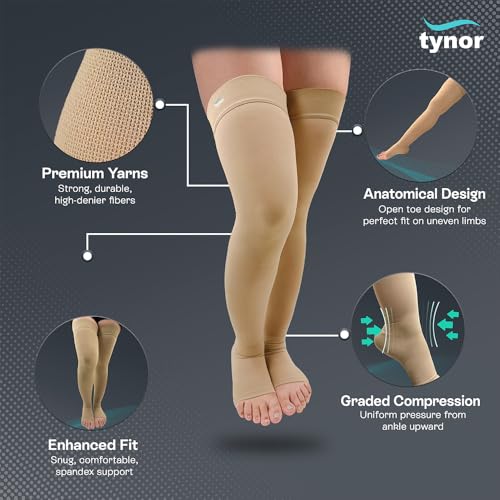 Image of Tynor Medical Compression Stocking Thigh High Class 2 (Pair), Beige, XS, Pack of 2