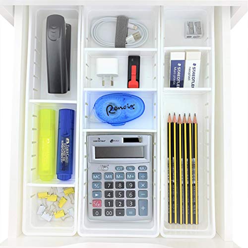 WOWGANISER White Drawer Organizer for Makeup Bathroom Organizer, 12 Adjustable Dividers, White Plastic, Set of 4 Trays, 13.8