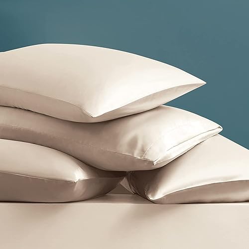 Miniatura 5 de Juego de sábanas de satén de seda de 7 piezas, tamaño Queen, color beige con 1 sábana bajera de bolsillo profundo de hasta 15 pulgadas, 1 sábana
