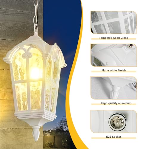 Outdoor Pendant Light for Porch Patio Garden Yard, Anti-Rust Aluminium Exterior Hanging Light Fixtures, Outside White Vintage Hanging Ceiling Light, Height Adjustable Outdoor Pendant Lamp