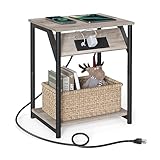 VASAGLE End Table with Charging Station, Small Side Table for Living Room, Bedroom, Nightstand with Outlets and USB Ports, Bedside Table with Storage Shelf, Heather Greige and Black