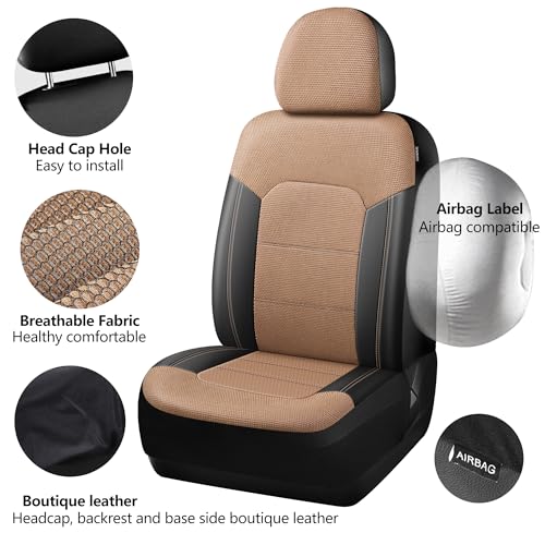 Image of HChengkikz Front Car Seat Covers, Air Mesh, Breathable (Black + Beige)