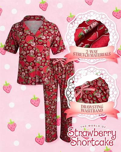 Image of COCO BRANDS Strawberry Shortcake Womens Pajama Sets - 2 Piece Soft Stretch Button Down Sleep Shirt and Pajama Pants