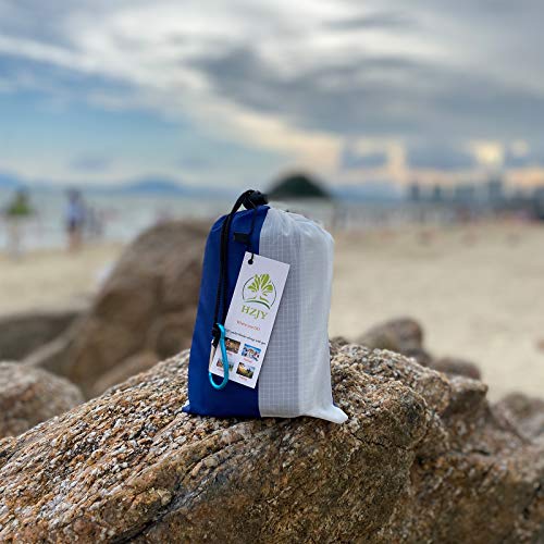 Hzjoyue Outdoor Blanket (71" X 55") -Compact, Lightweight, Sand Proof Pocket Blanket Best Mat For The Beach, Hiking, Travel, Camping, Festivals With Pockets, Loops, Stakes, Carabiner (White Blue) #TOP5
