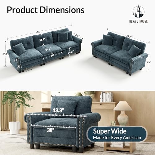 Image of HERA'S HOUSE Modular Sectional Sofa Set for Living Room 2-Piece Deep Seats | Mid-Century Modern 5-Seater Cloud Sofa Set, Cyan, Rolled Arms & Nailhead Trim, Wider Deeper Seats, Chenille Furniture Set