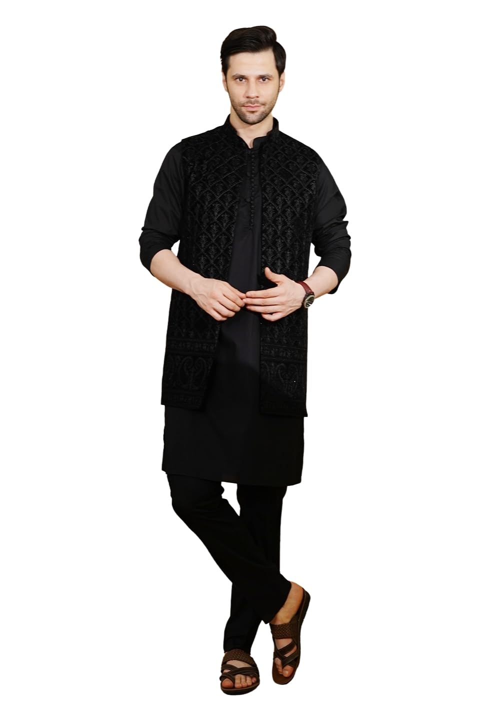 Men's Poplin Black Kurta Pyjama with Nehru Jacket : -44:- wtkurta197color2-image-40