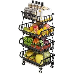 Estanterias Fruteria Madrid BRIAN & DANY Cestas de Frutas y Verduras Colgantes de 4 Niveles con Rueda-Organizador de La Cesta, 5 pcs S-Hooks, Pizarras Extraíbles, Cocina, Artículos de Tocador, Negro