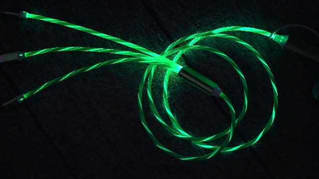 Image of AYI 6 in 1 USB LED Charging Cable, 39in Dynamic Flowing Light Cord, Flexible PVC Tangle-Free Wire, Smart Chip with Trickle Charge, Universal Data Sync Cable for Phones, Tablets, and More, Green.