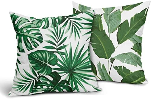 Tropical Palm Leaf Throw Pillow Covers Set of 2 Green Banana Leaves Print Cotton Linen Pillow Case Hawaiian Plant Outdoor Decorative Pillowcase for Patio Deck Couch Bed Sofa Home 18x18 inch