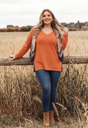 Image of RITERA Plus Size Women Sweaters Waffle Knit Pullover Top Long Sleeve Casual Crewneck Shirt Loose Split Hem Fall Winter Blouse