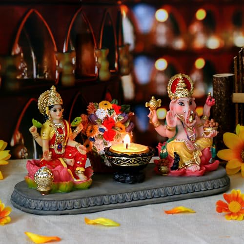 Estatua Lakshmi Ganesha con Diya 4.1" Polystone miniatura 3