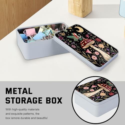 Image of Metal Tin Box with Lid for Game Cards Home Organizer Candles Keys Crafts Storage - Equipped with 4 Magnetic Cord Clips,Mushroom Fairy and Moon
