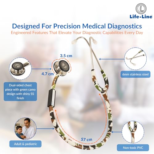 Image of LIFE LINE 'RANGER II SS' Stethoscope (Green Camo and Stainless Steel) | Dual Side Diaphragm Chest Piece for Adult and Pediatric | Suitable for Doctors and Students