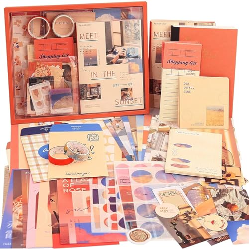Image of WEMOL Vintage Journal Scrapbook Pack Kit for Art Journaling Bullet, Planners DIY Paper Stickers, Craft Kits Notebook, Collage Album Aesthetic Sticker (Orange)