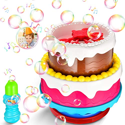 Funkprofi Baby Shark Bubble Machine with Music for Kids Outdoor Playing, Colorful Lighting Bubble Blower with Bubble Solution for Toddler, Rainbow Bubble Maker Gun Toys for Party Ceremony (Cake)