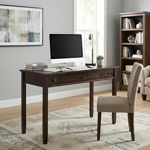 Image of SIMPLIHOME Warm Shaker Desk - 48 Inch Wide Solid Wood Writing Desk in Brunette Brown, Transitional Home Office Computer Table for Workspace or Study with Flip-Down Keyboard Tray and 2 Drawers