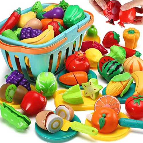 Toworld 70 PCS Cutting Play Food Toy for Kids Kitchen, Pretend Fruit &Vegetables Accessories with Shopping Storage Basket, Plastic Mini Dishes, Educational Toy for Toddler Children Birthday Gift