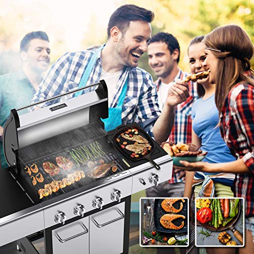 RINKMO Liquid Propane Grill with Side Burner and Hose, 52000 BTU, 4 barbecue, 670 Sq Inch Cooking Area, Cart Style Stainless Steel Tabletop Gas BBQ Stove for Garden, Outdoor, Camping