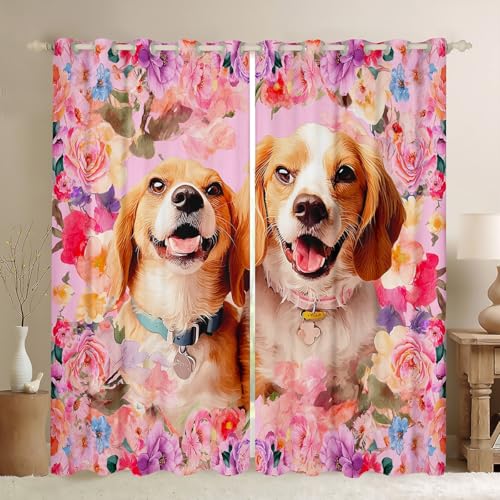 Feelyou Cute Dog Toddler Curtains for Bedroom Kids Cartoon Puppy Dog Blackout Curtains Girls Pink Colorful Floral Window Drapes Kawaii Animal Window Treatments, Lovely Pet Decor 42x84 Inches