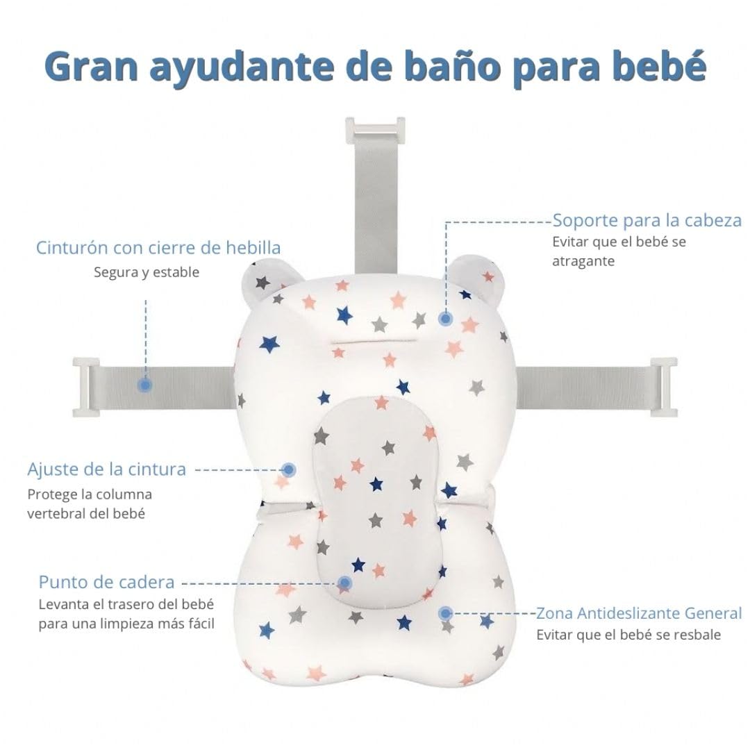 Cojín para Bañera de Bebé Ajustable y Portátil con Malla Antideslizante, Almohada Reductora, Hamaca de Ducha (Blanco)