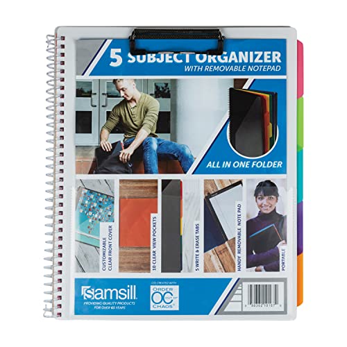 Samsill 5 Subject Spiral School Organizer with Clipboard and Removable Notepad, All-in-One Folder, 5 Dividers with 10 Pockets, M