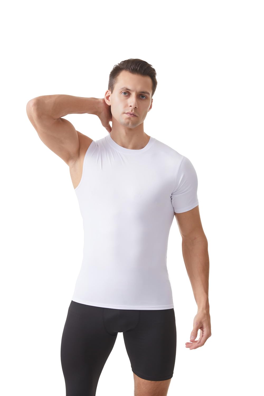 Vomnif Fashion Compression Shirts for Men 1/2 Single Arm Short Sleeve Athletic Base Layer T Shirt for Workout Basketball (US, Alpha, Large, Regular, Regular, White-2)