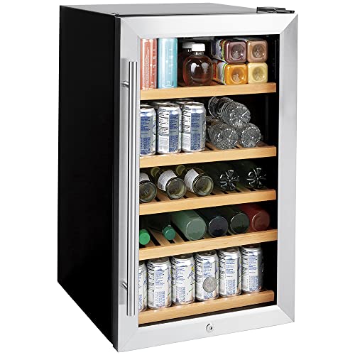 Image of GE Wine Cooler & Beverage Refrigerator | Mini Fridge With Lock & Key Included | Complete With Oak Shelving, Glass Exterior & Warm Interior Lighting | Fits 109 Cans or 31 Wine Bottles | Stainless Steel