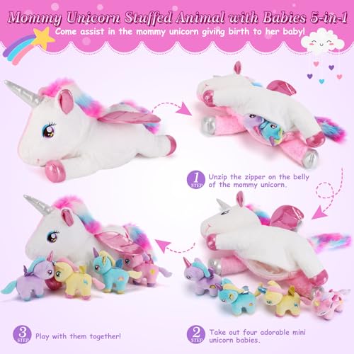 Image of 5 Pieces Unicorn Stuffed Animals - 1 Mommy Stuffed Unicorn with 4 Babies - Unicorns Gifts for Girls Ages 3 4 5 6 7 8, Unicorns Plush Toys for Christmas, Valentine's, Birthday Gifts (Pink)