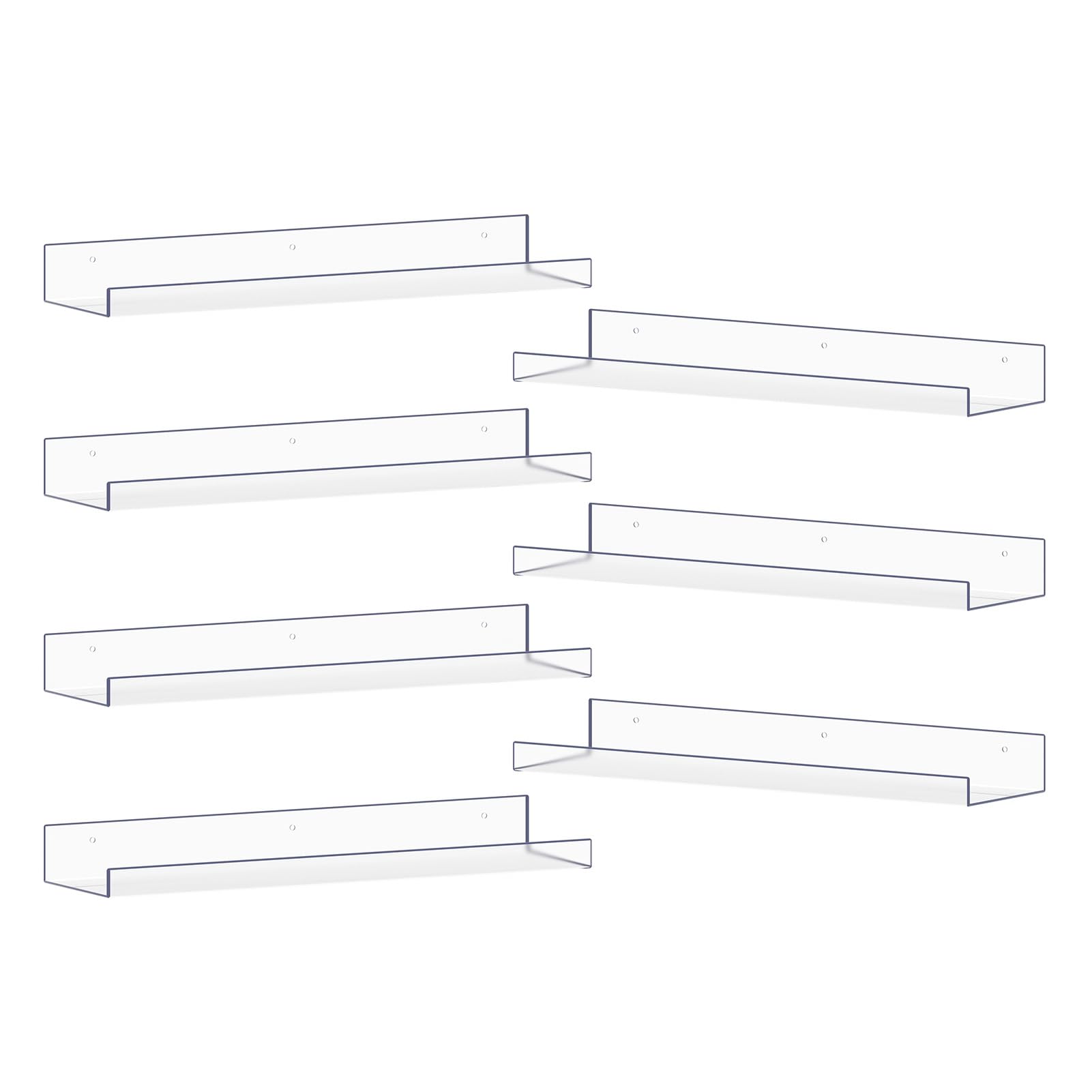 MEBRUDY Clear Acrylic Shelves Pack of 7, 15 inch Floating Wall Shelf for Bookshelves, Bathroom, Bedroom, Living Room, Kitchen Storage, Organization