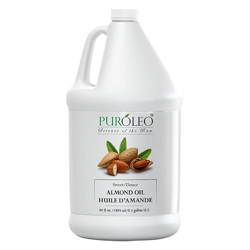 PUROLEO Aceite de almendras dulces de 64 onzas líquidas, 64.2 fl oz, 100% natural y puro, aceite hidratante y portador, mezclas de belleza y