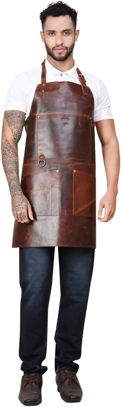 RABADA Leather Apron with Tool Pocket, Heavy Duty Apron, Woodworkers Apron, Mechanics Apron, Blacksmiths Apron, Carpenter Apron, Heat and flame resistance aprons, Adjustable M to 4XL Apron., Brown