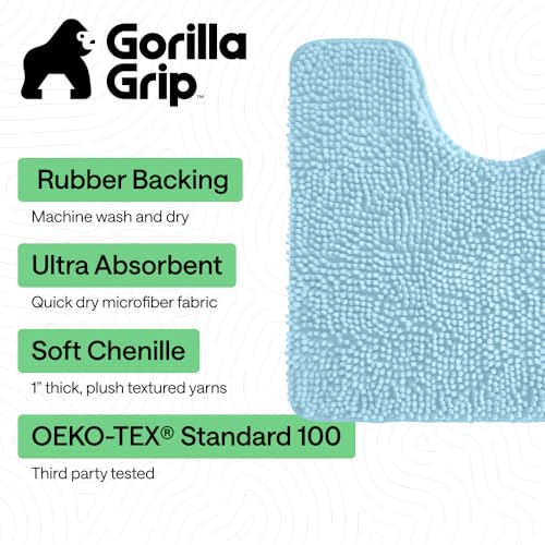 Image of GORILLA GRIP Plush Absorbent Shaggy Chenille Bath Rug Mat for Oval Toilet Base with Rubber Backing, Machine Washable Rugs, Soft Microfiber Contour Mats for Toilets, Quick Dry, Bathroom Decor, Sky