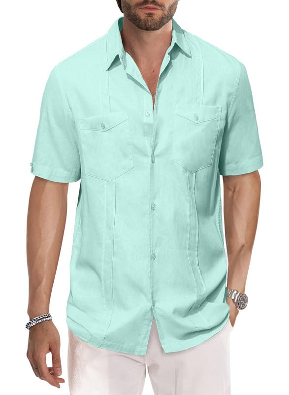 Photo 1 of Men's Linen Shirts Short Sleeve Button Up Cuban Casual Summer Beach Guayabera Shirt Large Z3 Green2