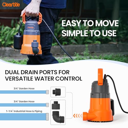 Image of Cleartide Submersible Utility Pump with Float Switch, 2160 GPH High Flow, Water Pump with Copper Motor, Ideal for Yard and Flooded Cellar, Hot Tub, Garden Irrigation