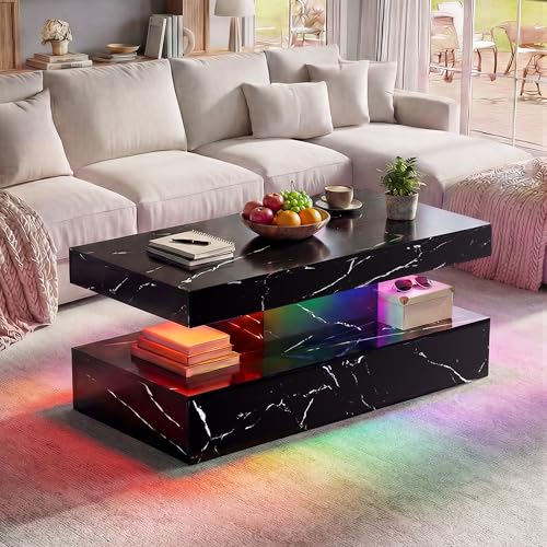 Fabulcozy 40 Modern Coffee Table with Storage Shelf Faux Marble FixedTop Center Table with LED Ambient Light 2Tier Accent Table for Living Room & Small Spaces Black