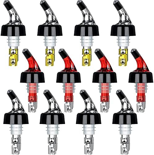 Measured Liquor Bottle Pourers, Set of 12 Quick Shot Spirit Measure Pourer Spouts 30ml Drinks Wine Cocktail Alcohol Automatic Dispenser Home Bar Mixed Colors (4 Clear 4 Yellow 4 Red)