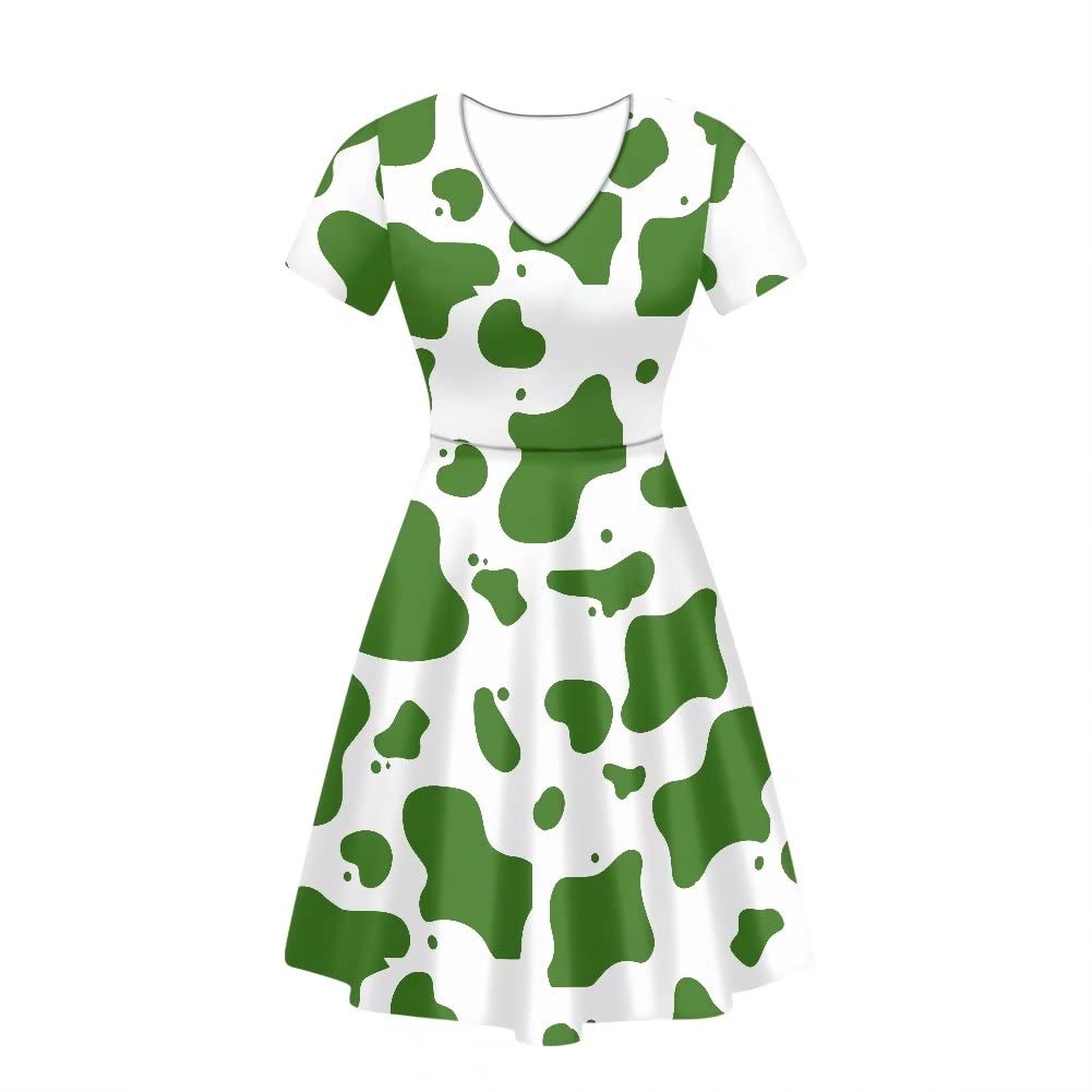 Womens Spring/Summer Elegant Milk Cow Print Midi Dress Short Sleeves Pleated Hem Dresses S-4XL