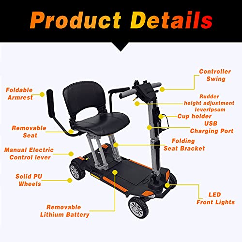 Foldable 4-Wheel Mobility Scooter - Airline Approved Portable Compact Motorized Scooter 44Lbs Lightweight Wheelchair With 6.5Ah Aviation Lithium Battery,Orange #TOP1