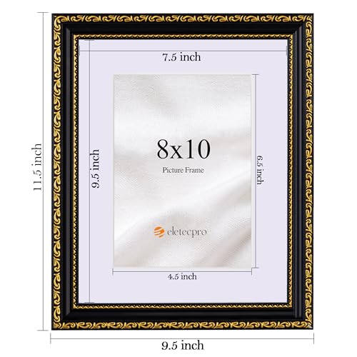 Image of eletecpro 8x10 Vintage Picture Frame, Glass Cover, Black Gold, 2-Pack | Display Photo 5x7 with Mat or 8x10 without, Horizontal or Vertical, Tabletop or Wall Decor