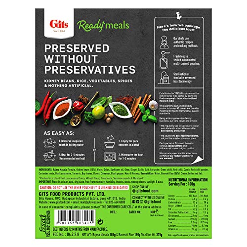 Image of Gits Ready to Eat Basmati Rice & Rajma Masala Combo Meal, Pure Veg, Heat and Eat, 375g (Pack of 2)
