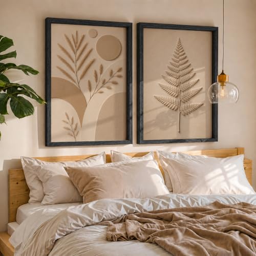 Image of NoWorries Minimal Botanical Wall Painting Set of 2 with Frame | Neutral Beige Fern Leaf & Pampas Grass Abstract Artwork, Soft Nature Wall Decor for Living Room, Bedroom, Office and Home Decoration (Art-16, 25x37inch)