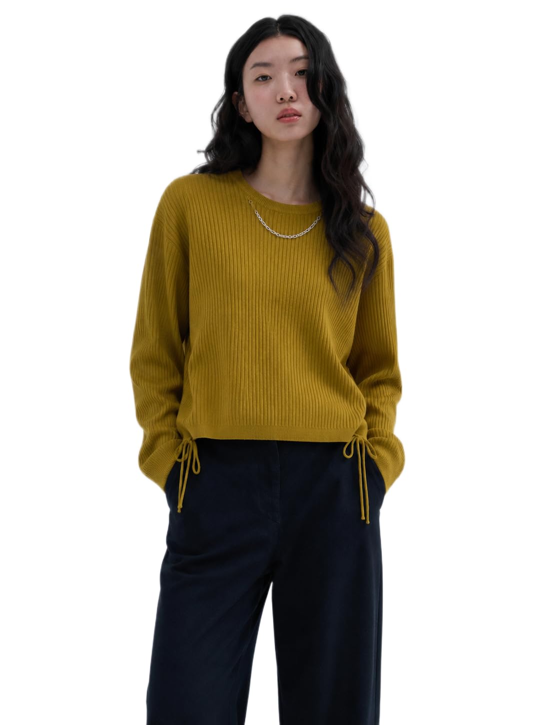 sylor Women's Round Neck Ribbed Knit Sweater with Side Drawstring, Long Sleeve, Mustard Yellow-picture-13