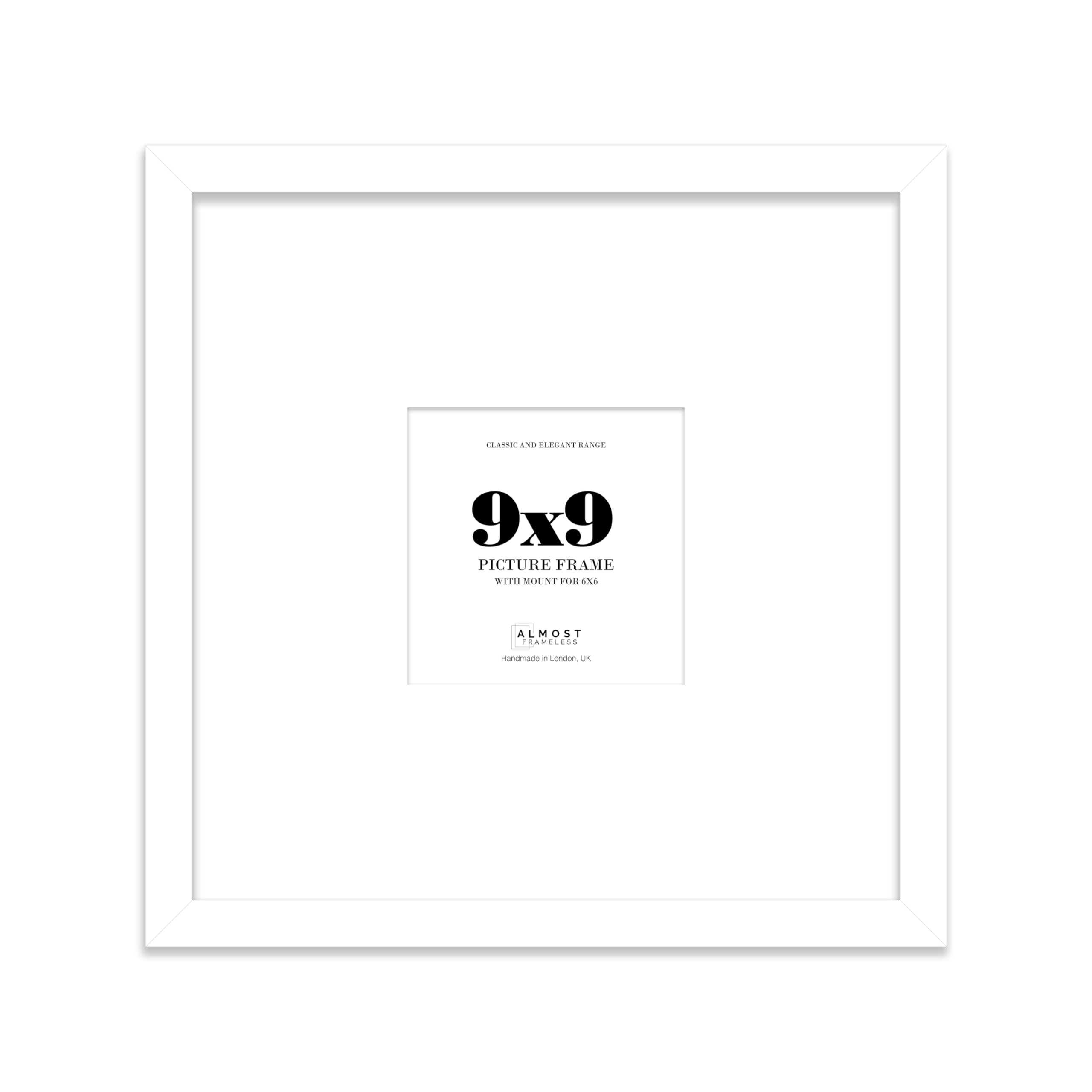 Almost Frameless 9x9 Square Picture Frame, Display Pictures 6x6 With Mat or 9x9 Without Mat, Wall Hanging & Free Standing Photo Frame, White, 1 Pack