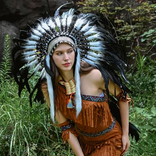 Ballinger Black Large Native Indian Headdress - Large Feather Headdress and Choker for Native Decor, Carnival, Halloween Party and Role Play