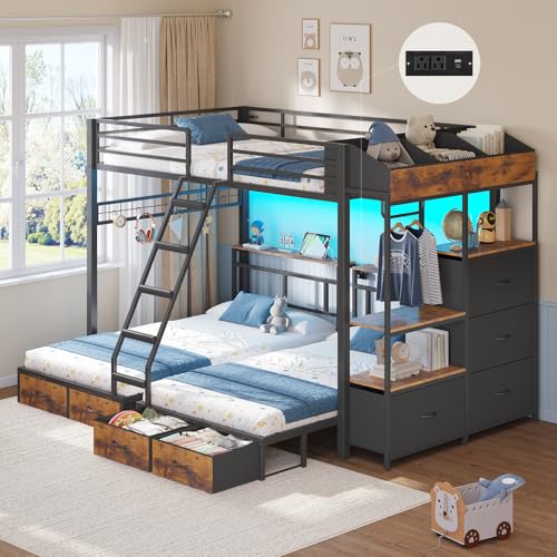 DICTAC Triple Bunk Bed with 8 Storage Drawers Charging Station and LED Lights Full Over Twin Bunk Beds with Storage Headboard Shelves & Boxes Metal Bunk Beds for 3 with Safe Guardrail and Stair Black