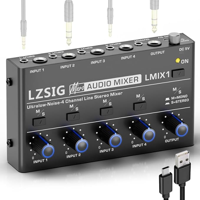 LZSIG Mini Audio Mixer, Stereo Line Mixer for Sub-Mixing, Ultra Low-Noise, 4-Channel, 1/4" & 1/8" TS & TRS Output and Input for Electronic Drum, Guitars, Bass, Keyboards