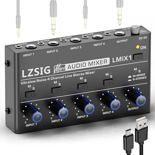 LZSIG Mini Audio Mixer, Stereo Line Mixer for Sub-Mixing, Ultra Low-Noise, 4-Channel, 1/4