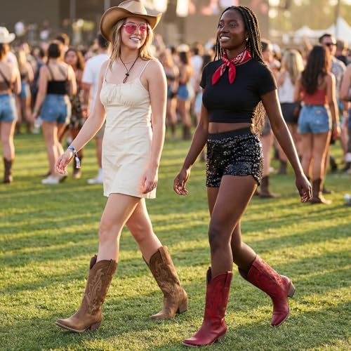 Image of HISEA Rollda Cowboy Boots for Women, Cowgirl Boots, Comfortable Western Boots with Pointed Toe Stitched Embroidery for Country Concert Dancing Wedding Traveling Daily Outfits